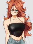  1girl android_21 bare_shoulders black-framed_eyewear blue_eyes breasts brown_hair casual curly_hair denim dragon_ball dragon_ball_fighterz earrings glasses hoop_earrings jeans jewelry kemachiku large_breasts long_hair midriff pants solo spaghetti_strap 