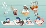  6+boys archer blue_hair brown_eyes chibi chopsticks cu_chulainn_(fate)_(all) cu_chulainn_(fate/grand_order) cu_chulainn_alter_(fate/grand_order) cucumber_slice dark_skin dark_skinned_male emiya_alter fate/grand_order fate/stay_night fate_(series) food guttia lancer mini_cu-chan multiple_boys multiple_persona pitcher ponytail red_eyes rice spoon sushi tea white_hair wooden_spoon yellow_eyes 