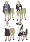  alternate_costume apron blonde_hair bow bowtie brown_hair butler centaur character_sheet chiron_(fate) crossed_arms enmaided fate/apocrypha fate_(series) formal guttia jacket_on_shoulders light_brown_hair long_hair maid maid_headdress male_focus multiple_persona necktie suit waiter 