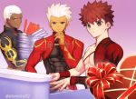  3boys abs absurdres archer armor bare_chest brown_eyes buzz_cut crew_cut dark_skin dark_skinned_male emiya_alter emiya_shirou eyebrows_visible_through_hair fate/grand_order fate/stay_night fate_(series) highres igote japanese_armor kintsugi kusazuri limited/zero_over looking_at_viewer male_focus manly moto_(otemoto02) multiple_boys orange_hair redhead sengo_muramasa_(fate) short_hair single_bare_shoulder two_side_up very_short_hair white_hair yellow_eyes 