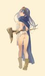  1girl ass back blue_cape blue_hair boots brown_eyes brown_footwear cape circlet dragon_quest eyebrows_visible_through_hair hair_between_eyes holding long_hair looking_back popman3580 sage_(dq3) simple_background smile solo standing yellow_background 