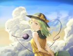  1girl adapted_costume arms_behind_back bangs black_headwear blue_sky bow breasts cha_chya clouds commentary day frilled_shirt_collar frills from_behind green_eyes green_hair green_skirt hair_between_eyes hat hat_bow komeiji_koishi long_hair looking_at_viewer looking_back medium_breasts outdoors shirt skirt sky sleeveless sleeveless_shirt smile solo third_eye touhou upper_body yellow_bow yellow_shirt 