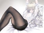  1girl absurdres black_legwear black_skirt breasts feet_out_of_frame formal highres long_hair long_sleeves looking_at_viewer lying medium_breasts office_lady on_back original pantyhose pillow shirt silver_hair skirt skirt_suit smile solo suit t.k.c white_shirt 