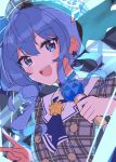  absurdres blue_eyes blue_hair blue_neckwear buttons earrings eyebrows_visible_through_hair hair_between_eyes highres holding holding_microphone hololive hoshimachi_suisei jewelry microphone necktie open_mouth star star_earrings suisei_channel tsumayouji_(tumayog) upper_teeth v virtual_youtuber 