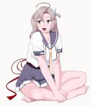  1girl ahoge bangs barefoot breasts crossed_legs eyebrows_visible_through_hair feet full_body green_eyes grey_background grey_hair hair_tie kantai_collection kinugasa_(kancolle) long_hair medium_breasts ojipon open_mouth purple_sailor_collar remodel_(kantai_collection) sailor_collar school_uniform serafuku short_sleeves simple_background sitting skirt solo yellow_neckwear 