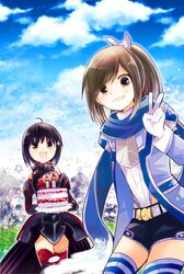 2girls :d ahoge armor bangs belt black_armor black_hair black_shorts blue_legwear blue_neckwear bob_cut boots brown_eyes brown_hair cake candle clouds commentary_request foliage food gauntlets gloves grin hair_ornament hair_ribbon highleg holding holding_cake holding_food itai_no_wa_iya_nano_de_bougyoryoku_ni_kyokufuri_shitai_to_omoimasu looking_at_viewer maple_(bofuri) maple_(itai_no_wa_iya_nano_de_bougyoryoku_ni_kyokufuri_shitai_to_omoimasu) medium_hair mountain multiple_girls open_mouth parted_bangs ponytail red_legwear ribbon sally_(bofuri) sally_(itai_no_wa_iya_nano_de_bougyoryoku_ni_kyokufuri_shitai_to_omoimasu) scarf shield short_hair shorts sky smile sparkle star suzune_yuuji thigh-highs thigh_boots v white_armor white_belt white_gloves white_ribbon zettai_ryouiki