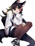  1girl :3 :d animal_ear_fluff animal_ears black_hair brown_eyes brown_legwear chin_rest hololive jacket long_hair looking_at_viewer mania_(fd6060_60) multicolored_hair ookami_mio open_mouth pantyhose redhead shoes simple_background smile sneakers solo streaked_hair virtual_youtuber white_background wolf_ears 