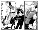  3boys alternate_costume atlas_academy_uniform bespectacled bodysuit candy capelet chaldea_combat_uniform cloak cu_chulainn_(fate)_(all) cu_chulainn_(fate/grand_order) cu_chulainn_alter_(fate/grand_order) earrings facial_mark fate/grand_order fate_(series) food glasses greyscale guttia hair_down jewelry lancer lollipop long_hair mage&#039;s_association_uniform monochrome multiple_boys multiple_persona necktie pinstripe_pattern striped tail vest 