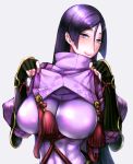  1girl arm_guards bangs black_gloves blush bodysuit breasts chichizuki_(manman-ya) closed_mouth clothes_lift covered_navel elbow_gloves fate/grand_order fate_(series) fingerless_gloves floral_print gloves high_collar large_breasts long_hair looking_at_viewer minamoto_no_raikou_(fate/grand_order) parted_bangs purple_bodysuit purple_hair ribbed_sleeves rope simple_background smile solo tabard tassel very_long_hair violet_eyes 