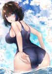  1girl absurdres ahoge ass bare_arms bare_shoulders black_hair blue_eyes blue_swimsuit bow breasts clouds from_behind hair_between_eyes hair_bow highres hiromaster_sinta_jh large_breasts looking_at_viewer looking_back multicolored_hair old_school_swimsuit one-piece_swimsuit original parted_lips school_swimsuit short_hair solo streaked_hair swimsuit wading water 