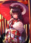  1girl animal_ears bangs blush bow brown_eyes brown_hair closed_mouth commentary_request dog_ears dog_hair_ornament eyebrows_behind_hair fang fang_out floral_print flower fur_trim hair_bow hair_flower hair_ornament heterochromia highres holding holding_umbrella inui_toko japanese_clothes kimono long_hair long_sleeves low-tied_long_hair nail_polish nijisanji obi oriental_umbrella print_kimono red_bow red_eyes red_flower red_kimono red_nails red_umbrella sash smile solo standing umbrella very_long_hair virtual_youtuber wide_sleeves yuuki_nao_(pixiv10696483) 