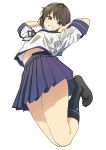  1girl bangs black_legwear blue_neckwear blue_sailor_collar blue_skirt brown_eyes brown_hair eyebrows_visible_through_hair full_body grin highres kantai_collection kneehighs miyuki_(kantai_collection) no_shoes pleated_skirt sailor_collar school_uniform serafuku shinomu_(cinomoon) short_hair short_sleeves simple_background skirt smile solo white_background 