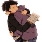  2boys belt black_belt black_jacket brothers closed_eyes closed_mouth free_hugs from_side half-closed_eyes himishiro holding holding_sign hood hood_down hoodie hug jacket leaning_forward long_sleeves looking_away male_focus matsuno_ichimatsu matsuno_karamatsu multiple_boys osomatsu-kun osomatsu-san parted_lips profile purple_hoodie sad siblings sign simple_background smile twitter_username upper_body white_background 