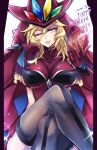  1girl absurdres blonde_hair blue_eyes breasts carol_malus_dienheim crossed_legs elbow_gloves gloves happy_birthday hat highres kiraki large_breasts lips looking_at_viewer mole mole_under_eye parted_lips senki_zesshou_symphogear shiny shiny_hair shiny_skin short_hair sideless_outfit sitting skirt smile solo 