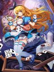  1girl alice_(wonderland) alice_in_wonderland between_breasts blonde_hair bow breasts card checkered checkered_floor clock dress goomrrat hair_bow hair_ornament hairband large_breasts long_hair looking_at_viewer open_mouth original over-kneehighs pantyhose ribbon shoes solo strap_between_breasts tagme thigh-highs watch zettai_ryouiki 