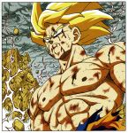  1boy abs arms_at_sides blonde_hair blood blood_from_mouth blood_on_face blue_eyes border close-up closed_mouth clouds cloudy_sky dark_sky destruction dirty dirty_clothes dirty_face dragon_ball dragon_ball_z dust dutch_angle electricity floating_hair frown highres looking_away male_focus mountain muscle nipples official_art outdoors pectorals rock scratches serious shirt sky son_gokuu spiky_hair super_saiyan sweatdrop toriyama_akira torn_clothes torn_shirt upper_body white_border 