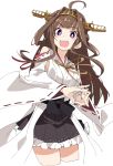  1girl :d ahoge bangs black_skirt blunt_bangs blush brown_hair eyebrows_visible_through_hair headgear ixy japanese_clothes kantai_collection kongou_(kantai_collection) long_hair looking_at_viewer nontraditional_miko open_mouth simple_background skirt smile solo teeth upper_teeth violet_eyes white_background wide_sleeves 