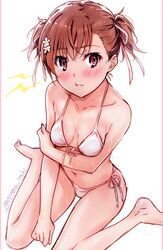  1girl bangs bikini blush breasts brown_eyes brown_hair eyebrows_visible_through_hair front-tie_bikini front-tie_top looking_at_viewer misaka_mikoto navel puma_(hyuma1219) short_hair side-tie_bikini sitting small_breasts solo swimsuit to_aru_kagaku_no_railgun to_aru_majutsu_no_index wariza wet white_bikini 