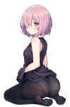  1girl ass bare_shoulders black_dress black_legwear blush breasts dress fate/grand_order fate_(series) from_behind hair_over_one_eye highres jp06 kneeling looking_at_viewer mash_kyrielight medium_breasts no_shoes panties panties_under_pantyhose pantyhose short_hair simple_background solo underwear violet_eyes white_background 