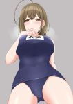  1girl ahoge ass_visible_through_thighs bangs bare_shoulders blue_swimsuit blush breast_press breasts brown_eyes brown_hair closed_mouth covered_navel from_below grey_background highres idolmaster idolmaster_shiny_colors kuwayama_chiyuki large_breasts long_hair looking_at_viewer looking_down name_tag one-piece_swimsuit perspective school_swimsuit simple_background solo swimsuit thighs tsunakanten 