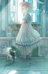  1girl :d blue_eyes blue_footwear blue_shirt commentary_request dog dress flower frilled_dress frills from_behind grey_hair hat hetero highres looking_at_viewer looking_back mizutame_tori open_mouth original painting_(object) picture_frame pinafore_dress puffy_short_sleeves puffy_sleeves shirt shoes short_sleeves signature smile solo standing string_of_flags vase white_dress white_eyes window 