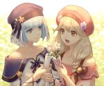  2girls akke blonde_hair blue_eyes blue_hair bow braid brown_eyes closed_mouth faye_(fire_emblem) fire_emblem fire_emblem_echoes:_shadows_of_valentia fire_emblem_heroes flower hair_bow hat holding long_hair multiple_girls open_mouth short_hair silque_(fire_emblem) smile twin_braids upper_body 