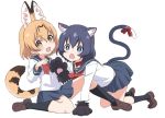  2girls :3 alternate_costume animal_ears black_hair black_legwear blonde_hair blue_eyes bow bowtie cat_ears cat_tail coat crawling extra_ears eyebrows_visible_through_hair fang gloves ilyfon133 kaban_(kemono_friends) kemono_friends kemonomimi_mode loafers multicolored_hair multiple_girls navy_blue_skirt no_hat no_headwear open_mouth paw_gloves paw_pose paws pleated_skirt red_bow red_coat red_neckwear school_uniform serafuku serval_(kemono_friends) serval_ears serval_tail shirt shoes short_hair short_sleeves sitting skirt socks tail tail_bow white_shirt yellow_eyes 