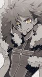  1boy ahoge closed_mouth coat facial_hair fur-trimmed_coat fur_trim greyscale hatching_(texture) highres maki_keigo male_focus monochrome pokemon pokemon_(game) pokemon_swsh shaded_face smile solo spot_color upper_body yellow_eyes 
