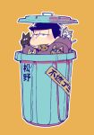  1boy 5plus5 :3 animal_on_shoulder black_cat cat cat_on_shoulder chocolate_chip_cookie cookie esper_nyanko food food_in_mouth half-closed_eyes hood hood_down hoodie in_container jitome looking_away male_focus matsuno_ichimatsu mouth_hold on_head on_shoulder orange_background osomatsu-kun osomatsu-san outline purple_hoodie simple_background smile trash_can violet_eyes white_outline 