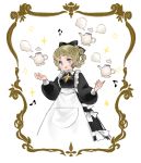  1girl afk_arena apron beamed_eighth_notes black_bow black_dress blonde_hair blue_eyes bow braid dress eighth_note hair_bow highres kkaebing long_sleeves maid maid_apron maid_dress musical_note no_nose no_pupils open_mouth rosaline_(afk_arena) solo sparkle teapot white_apron 