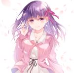  1girl bangs breasts canary999 collarbone commentary_request dress eyebrows_visible_through_hair fate/stay_night fate_(series) hair_ribbon large_breasts long_hair looking_at_viewer matou_sakura pink_cardigan purple_hair red_ribbon ribbon smile solo violet_eyes 