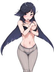  1girl bangs black_bra black_hair blush bra breasts covering covering_breasts eyebrows_visible_through_hair gradient_hair grey_legwear hair_over_one_eye hair_ribbon hayashimo_(kantai_collection) hime_cut kantai_collection long_hair looking_at_viewer medium_breasts multicolored_hair navel open_mouth panties pantyhose ribbon side-tie_panties simple_background solo underwear very_long_hair violet_eyes white_background yukiguni_yuu 