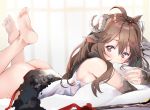  1girl ahoge animal_ears arknights arm_warmers ass bare_shoulders brown_hair curled_horns eyjafjalla_(arknights) feet horns legs_up long_hair looking_at_viewer lying on_stomach pillow pillow_hug red_eyes sheep_ears sheep_horns shirt sleeveless sleeveless_shirt solo toes togo_(korlsj1235) white_shirt 