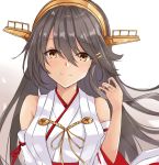  1girl bare_shoulders blush eyebrows_visible_through_hair gensoukitan grey_hair haruna_(kantai_collection) headgear highres kantai_collection long_hair looking_at_viewer nontraditional_miko remodel_(kantai_collection) smile solo upper_body 