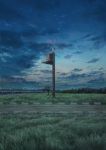  blue_sky clouds cloudy_sky field forest grass guard_tower highres horizon lamppost nature night night_sky no_humans original outdoors pippi_(pixiv_1922055) road scenery sky star_(sky) starry_sky tree 