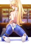  1girl ahoge animal_ears artoria_pendragon_(all) artoria_pendragon_(swimsuit_ruler)_(fate) ass back bangs bare_shoulders blonde_hair blue_legwear blush braid breasts bunny_tail bunnysuit detached_collar fate/grand_order fate_(series) finger_to_mouth fishnet_legwear fishnets french_braid green_eyes high_heels highleg highleg_leotard highres holster index_finger_raised kneeling large_breasts leotard long_hair looking_at_viewer looking_back parted_lips ponytail rabbit_ears shiroi_ume shushing smile solo tail thigh_strap thighs tiara white_footwear white_leotard wrist_cuffs zipper 