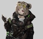  1girl bangs black_coat black_gloves breasts choker coat double_bun eyebrows_visible_through_hair eyewear_on_head gas_mask girls_frontline gloves grey_background highres long_sleeves mask naruwe open_clothes open_mouth p90_(girls_frontline) partly_fingerless_gloves pouch red_eyes short_hair simple_background snap-fit_buckle solo sunglasses tactical_clothes tinted_eyewear 