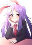 1girl animal_ears black_jacket blush breasts commentary_request eyebrows_visible_through_hair hair_between_eyes hair_ornament hairclip highres jacket long_hair necktie purple_hair rabbit_ears red_eyes red_neckwear reisen_udongein_inaba simple_background solo touhou tsukimirin two_side_up white_background 