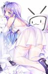  1girl ass azur_lane black_ribbon blush breasts dress eyebrows_visible_through_hair gyaza hair_bun hair_ribbon highres jpeg_artifacts long_hair looking_at_viewer looking_back pantyhose pillow purple_hair ribbon side_bun stuffed_animal stuffed_toy stuffed_unicorn thigh-highs unicorn unicorn_(azur_lane) very_long_hair violet_eyes white_dress white_legwear 