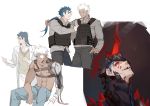  archer armor blue_hair bulletproof_vest corruption cu_chulainn_(fate)_(all) cu_chulainn_(fate/grand_order) cu_chulainn_alter_(fate/grand_order) curruid_coinchenn dark_persona dark_skin dark_skinned_male emiya_alter eyepatch glasses guttia hair_down hair_pull horn injury labcoat long_hair male_focus military multiple_persona prosthesis prosthetic_arm red_eyes soldier white_hair 