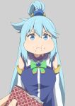 1girl :i aqua_(konosuba) bangs blue_eyes blue_hair blush bow breasts chocolate commentary_request crumbs detached_sleeves eating eyebrows_visible_through_hair food gem green_bow hair_ornament hair_rings holding kono_subarashii_sekai_ni_shukufuku_wo! long_hair looking_at_viewer open_mouth puffy_cheeks salpin simple_background solo_focus valentine