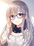  1girl adjusting_eyewear aran_sweater bandaid_on_forehead bangs black-framed_eyewear chromatic_aberration closed_mouth commentary_request earrings floral_print frills glasses hand_up idolmaster idolmaster_shiny_colors jewelry long_hair looking_at_viewer pink_lips silver_hair smile solo sweater upper_body white_background white_sweater yuuhi_(ages) yuukoku_kiriko 