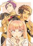 1girl 2boys blush bowl_cut braid brown_hair claude_von_riegan clenched_hands dark_skin epaulettes fire_emblem fire_emblem:_three_houses flower garreg_mach_monastery_uniform green_eyes hand_on_own_head hand_to_own_mouth hilda_valentine_goneril long_hair long_sleeves looking_at_another looking_at_viewer looking_up lorenz_hellman_gloucester multiple_boys open_mouth pink_background pink_eyes pink_hair purple_hair rose short_hair side_braid simple_background smirk sparkle twintails two-tone_background ugonba_(howatoro) violet_eyes wavy_hair white_background 