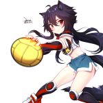  1girl animal_ears bangs black_hair blue_shorts blush commentary_request dated ejami ekko_(ejami) fox_ears fox_girl fox_tail long_hair looking_at_viewer original red_eyes short_shorts shorts signature simple_background smile solo tagme tail white_background 
