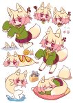  6+girls :o animal_ear_fluff animal_ears animalization bangs blonde_hair blush brown_footwear cheese chibi closed_mouth commentary concrete corndog eyebrows_visible_through_hair fish food fox_ears fox_girl fox_tail green_shirt grey_hair hair_between_eyes hair_bun hair_ornament highres hiss kemomimi-chan_(naga_u) kneeling long_sleeves minigirl mouse_ears mouse_girl mouse_tail multiple_girls naga_u nezumimi-chan_(naga_u) objectification open_mouth original parted_lips pillow pleated_skirt purple_skirt red_eyes ribbon-trimmed_legwear ribbon_trim shirt simple_background skirt sleeping sleeves_past_fingers sleeves_past_wrists snail sparkle splashing standing tail thigh-highs v-shaped_eyebrows water wavy_mouth white_background white_legwear 
