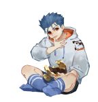  1boy blue_hair blue_legwear chalice child chocolate cu_chulainn_(fate)_(all) eating fate/stay_night fate_(series) finger_licking goblet grail guttia holy_grail_(fate) hood hoodie indian_style lancer licking male_focus red_eyes sitting solo younger 