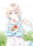  1girl :o apron bangs blonde_hair blue_bow blue_eyes blue_shirt blue_skirt blush bow brown_flower collarbone commentary commission english_commentary eyebrows_visible_through_hair floating_hair flower frilled_apron frilled_shirt frills hair_bow long_hair long_sleeves looking_at_viewer low_twintails object_hug original parted_lips petals qlakwnd red_flower red_rose rose shirt skirt solo sparkle twintails very_long_hair white_apron white_background white_flower 