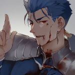  1boy blood blood_on_face blue_hair cu_chulainn_(fate)_(all) fate/stay_night fate_(series) finger_gun guttia lancer long_hair male_focus pauldrons ponytail red_eyes solo 