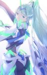  1girl ass bangs breasts earrings fujie-yz green_eyes green_hair hair_ornament headpiece high_ponytail highres jewelry long_hair looking_back muted_color pneuma_(xenoblade) ponytail simple_background smile solo swept_bangs tiara very_long_hair white_background xenoblade_(series) xenoblade_2 