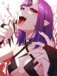  1girl black_nails breasts eyebrows_visible_through_hair fang fate/grand_order fate_(series) fingernails highres horns jewelry long_fingernails looking_at_viewer mikan_(chipstar182) nail_polish oni_horns open_mouth pointy_ears purple_hair shuten_douji_(fate/grand_order) small_breasts smile solo teeth tongue tongue_out upper_body upper_teeth violet_eyes 